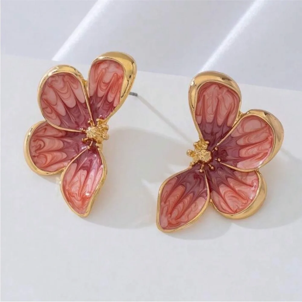 New! Gold Hand Painted Flower Statement Earrings NWOT